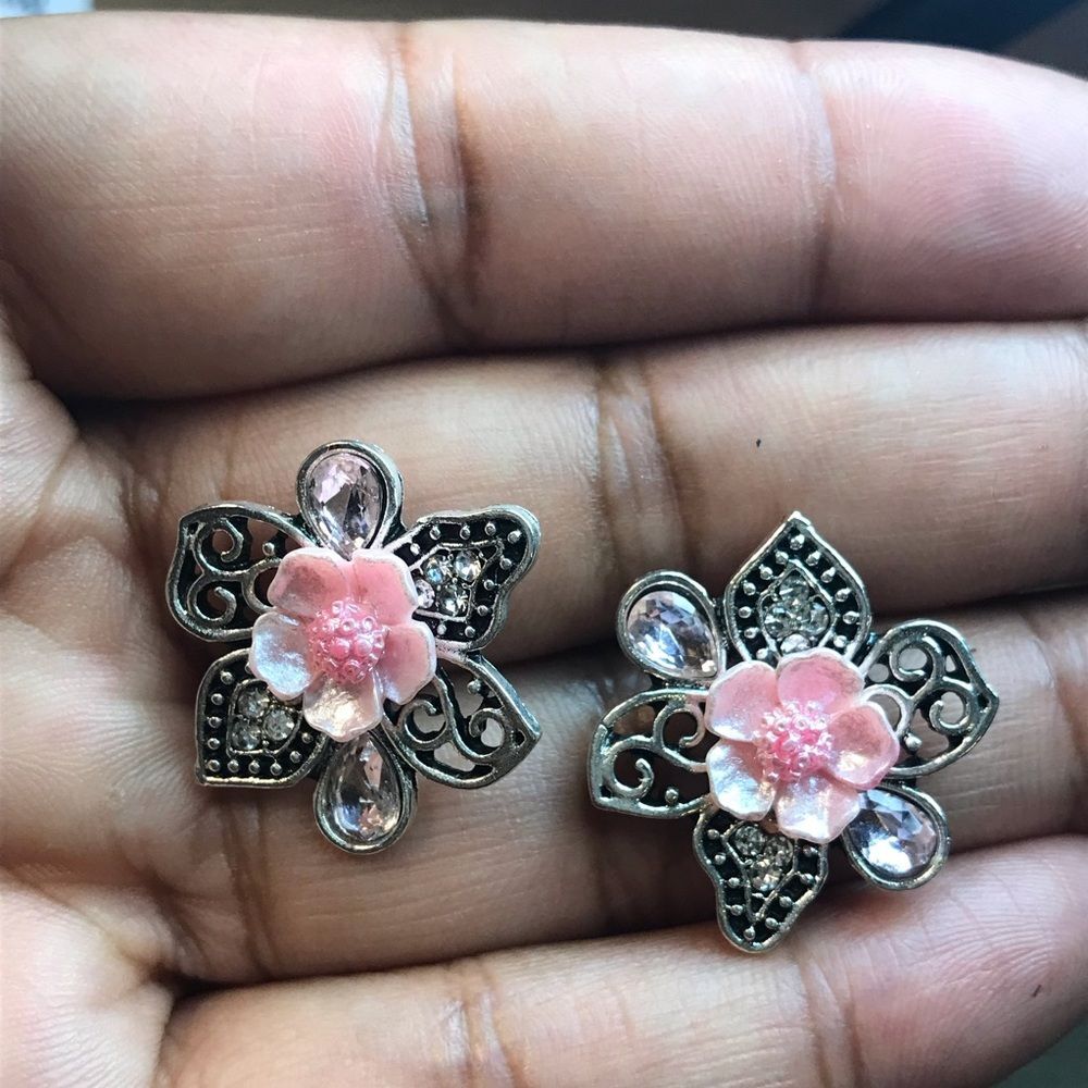 Vintage Floral Pink and Silver Rhinestone Petal Flower Earrings